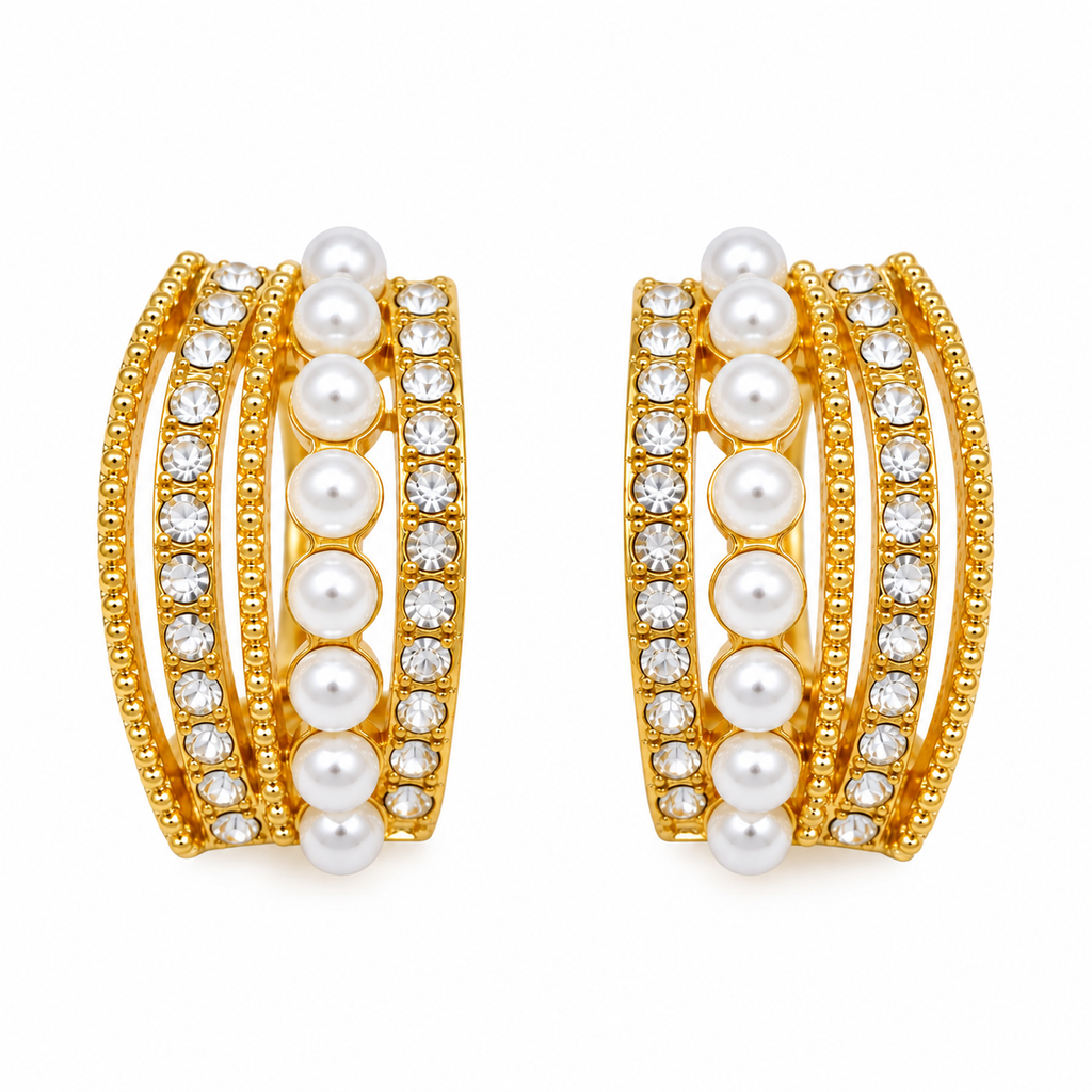Gold-Tone Pearl & Crystal Hoop Earrings for Women – Elegant Artificial Jewellery