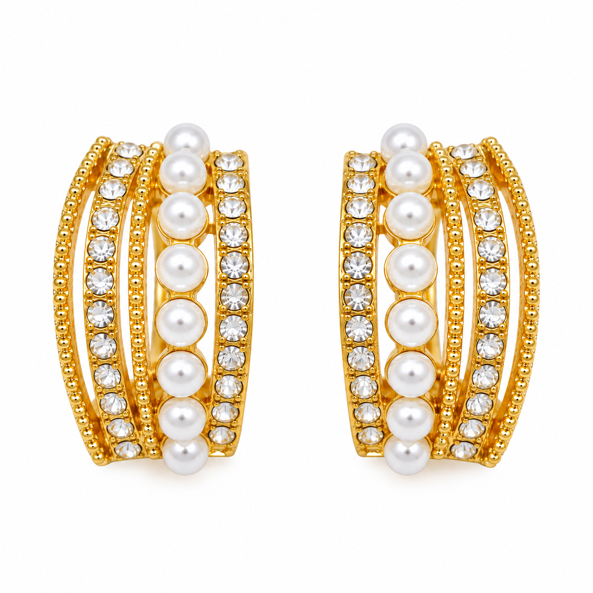 Gold-Tone Pearl & Crystal Hoop Earrings for Women – Elegant Artificial Jewellery