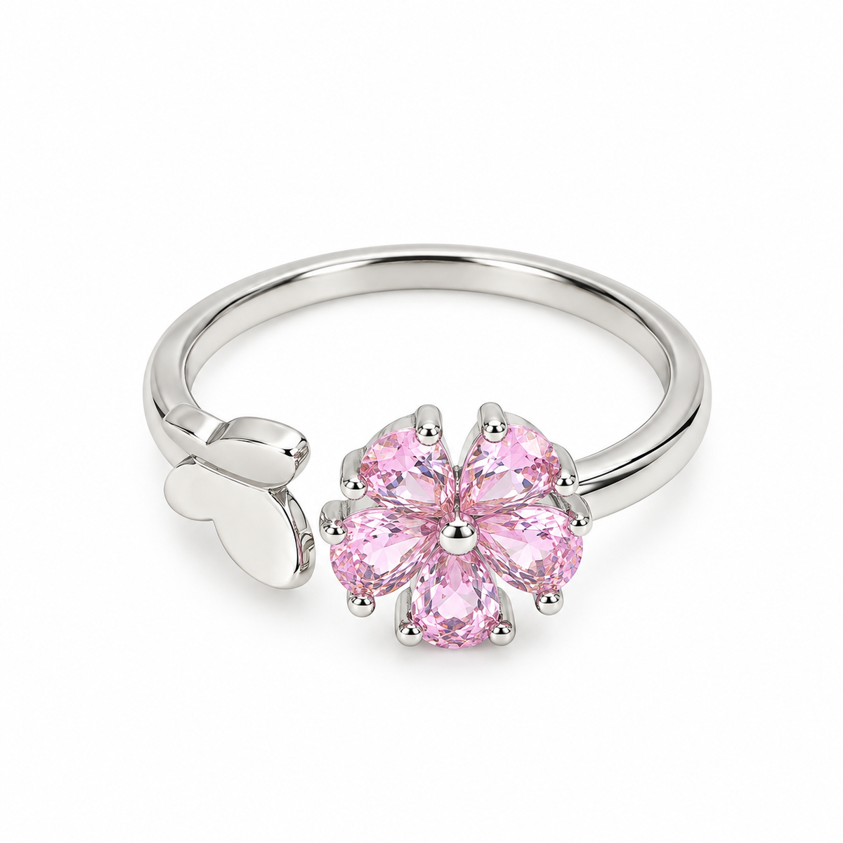 Women’s Pink Floral Stone Silver-Tone Adjustable Ring with Butterfly Design