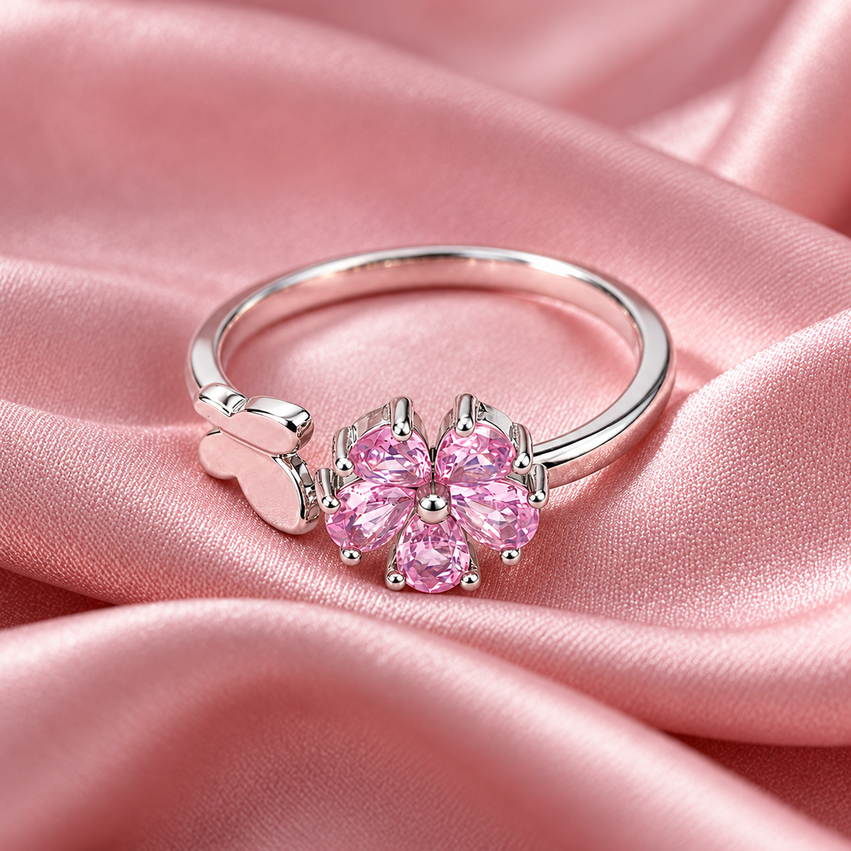 Women’s Pink Floral Stone Silver-Tone Adjustable Ring with Butterfly Design