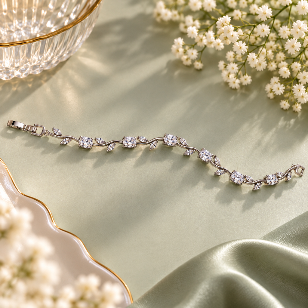 Silver Crystal Vine Bracelet – Elegant Leaf Design