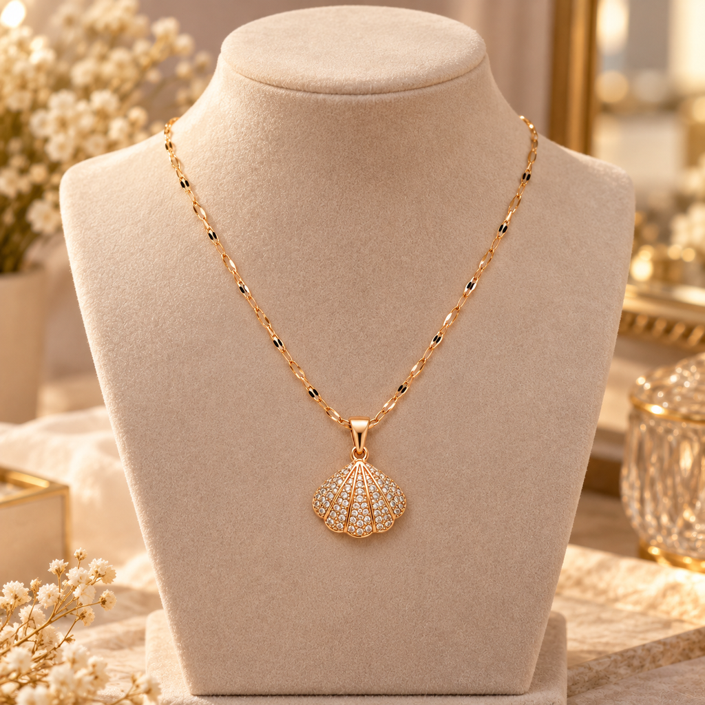 BELVYA Ocean Charm Pearl & Crystal Shell Pendant Necklace