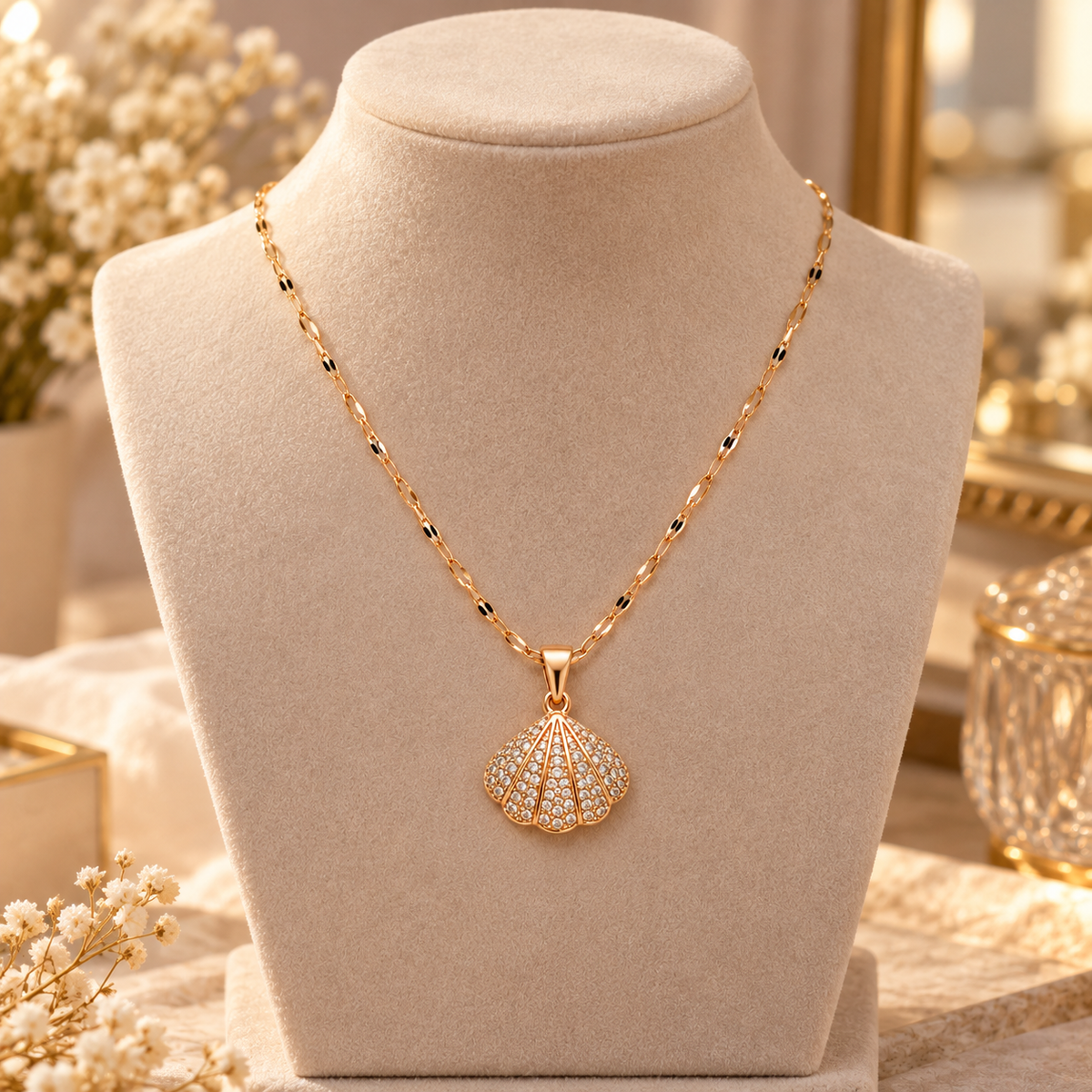 BELVYA Ocean Charm Pearl & Crystal Shell Pendant Necklace