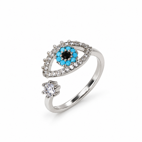 BELVYA Silver-Tone Turquoise Evil Eye Open Ring for Women