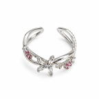 Floral Pink Crystal Silver-Tone Adjustable Ring