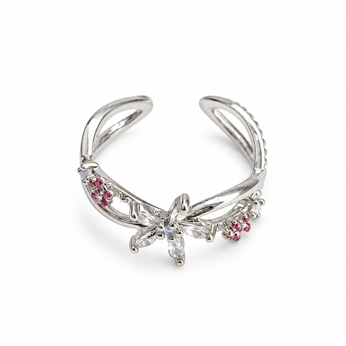 Floral Pink Crystal Silver-Tone Adjustable Ring