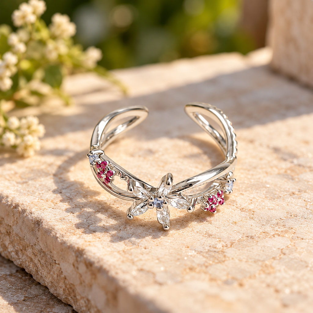 Floral Pink Crystal Silver-Tone Adjustable Ring
