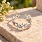 Floral Pink Crystal Silver-Tone Adjustable Ring