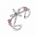 Floral Pink Crystal Silver-Tone Adjustable Ring