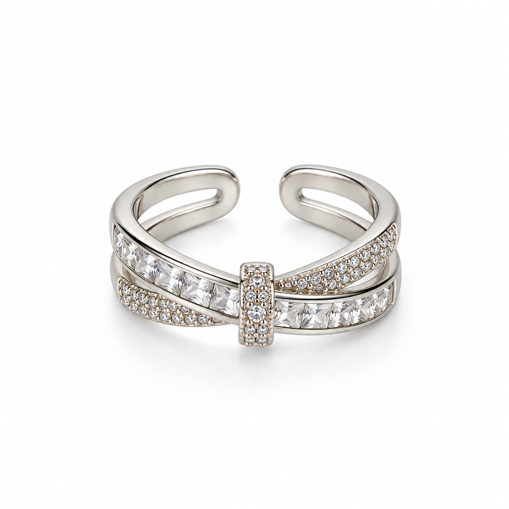 BELVYA Luxe Crossover Crystal Ring – Silver-Tone Adjustable Ring