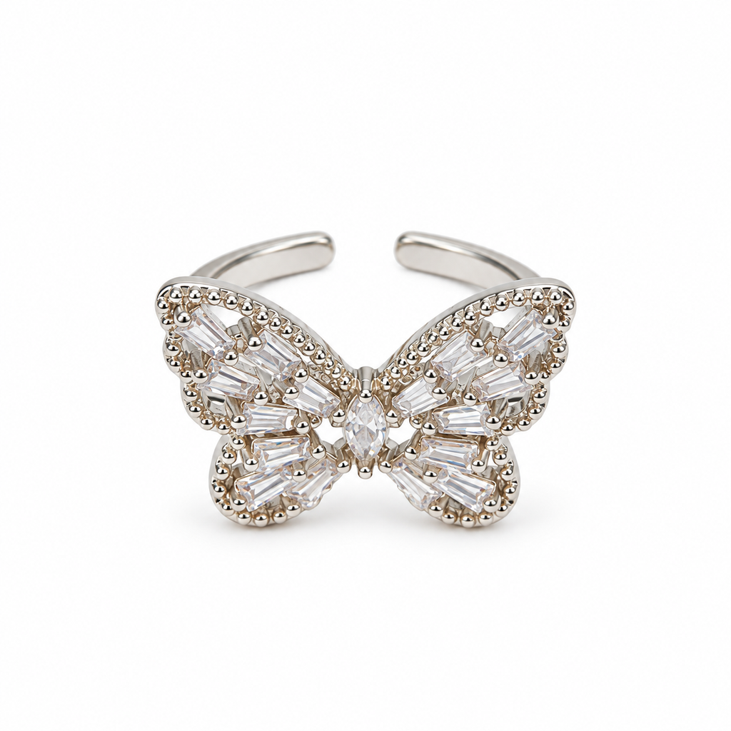 Elegant Silver Butterfly Crystal Ring for Women | Sparkling Adjustable Artificial Jewellery