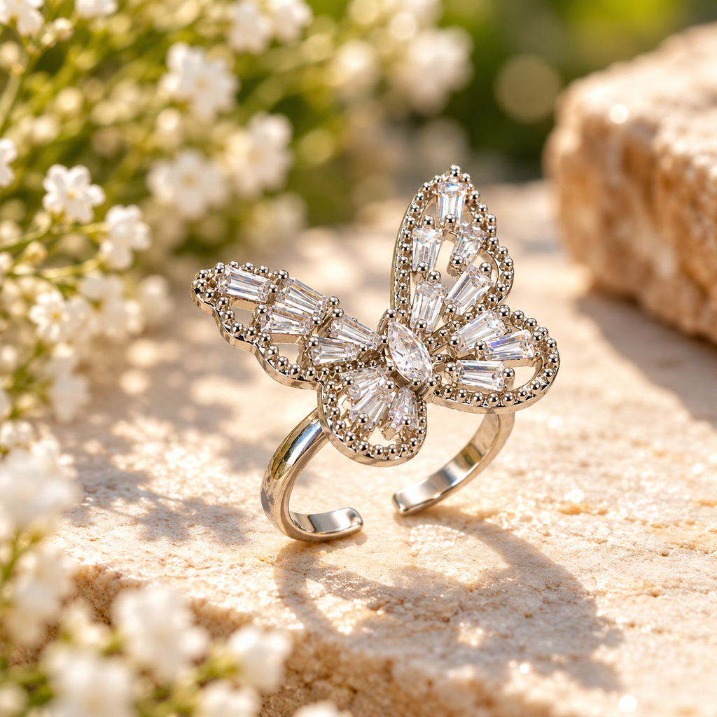Elegant Silver Butterfly Crystal Ring for Women | Sparkling Adjustable Artificial Jewellery