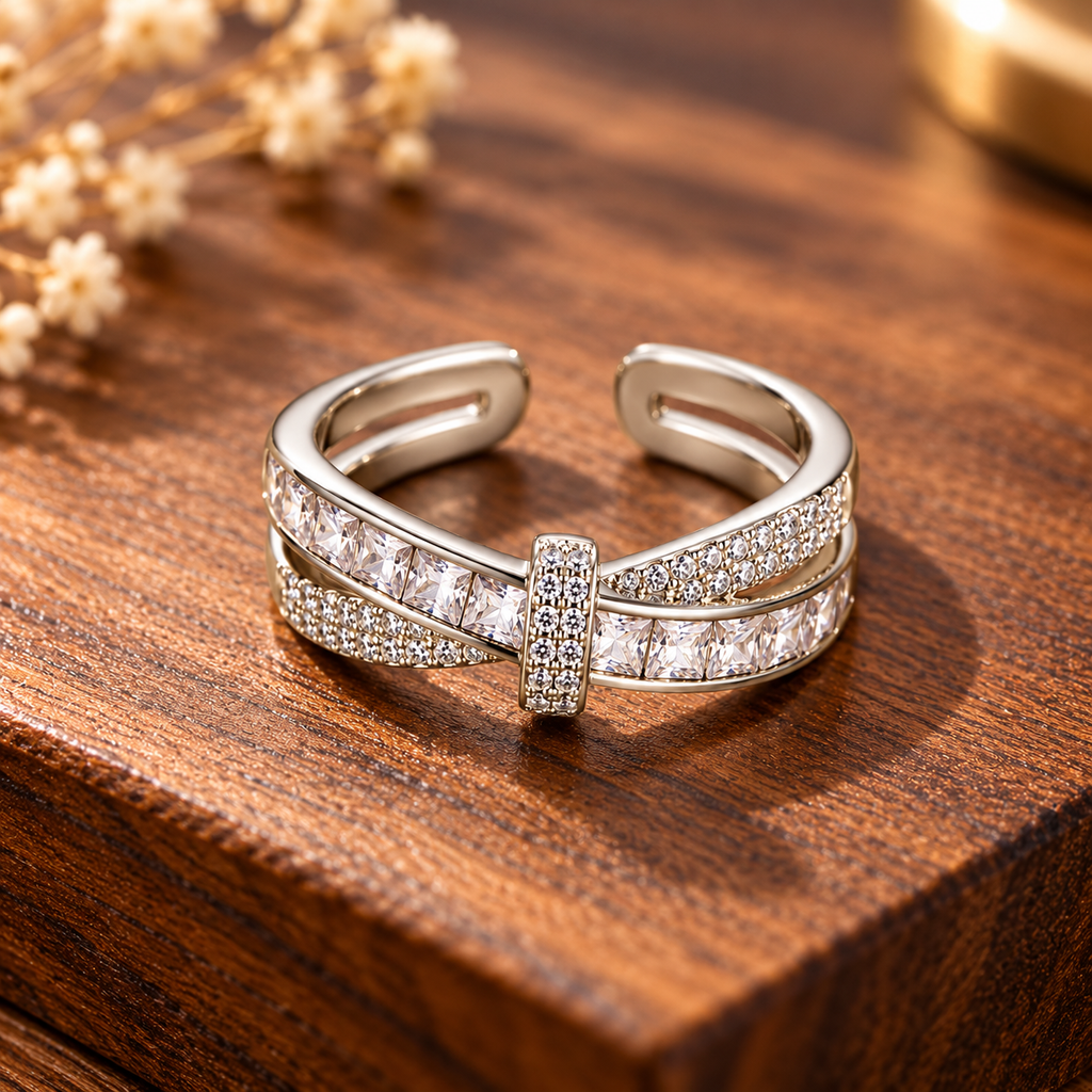 BELVYA Luxe Crossover Crystal Ring – Silver-Tone Adjustable Ring