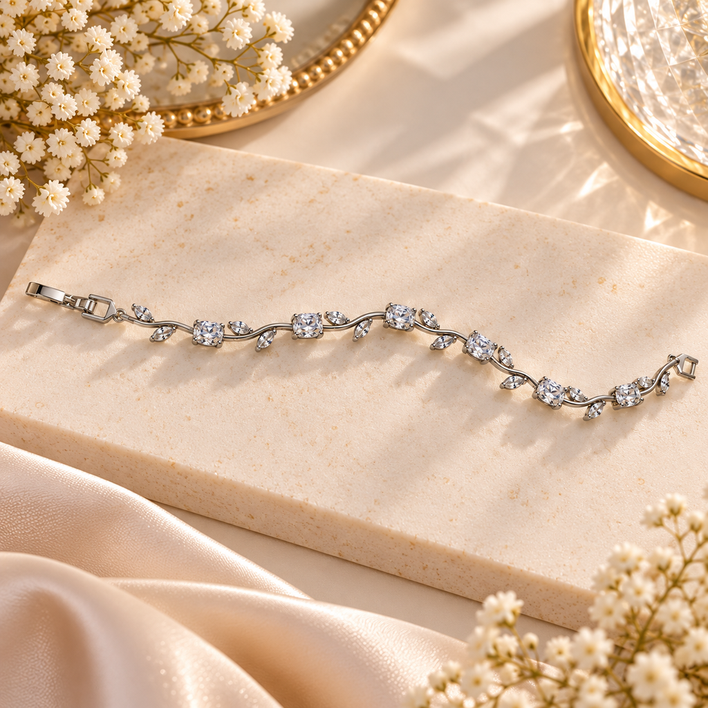 Silver Crystal Vine Bracelet – Elegant Leaf Design