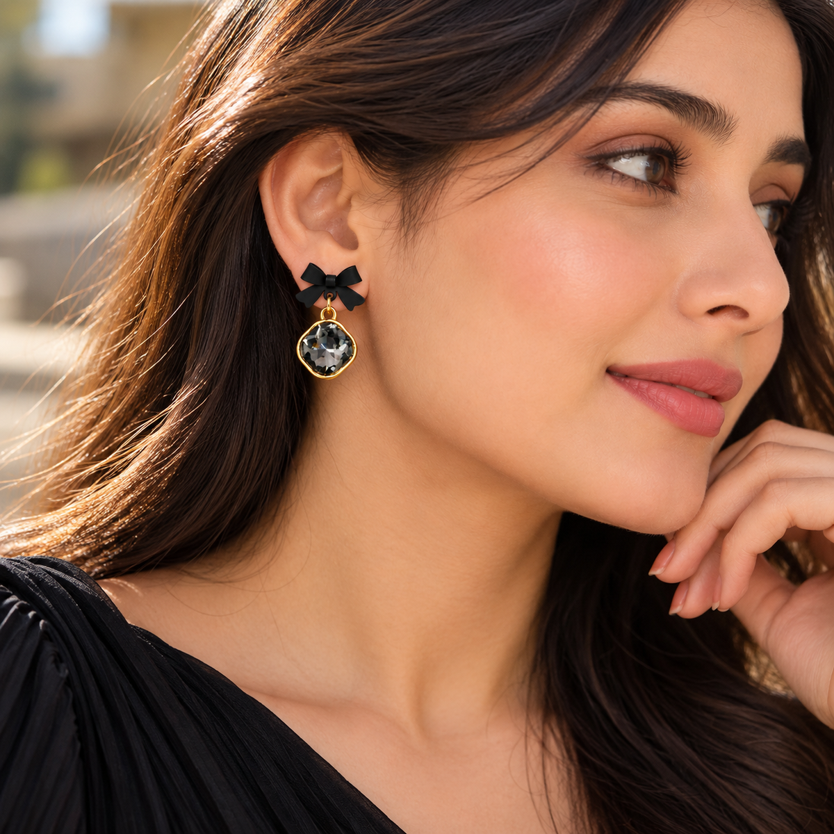 Black Bow Crystal Drop Earrings for Women – Elegant Gold-Tone Statement Earrings