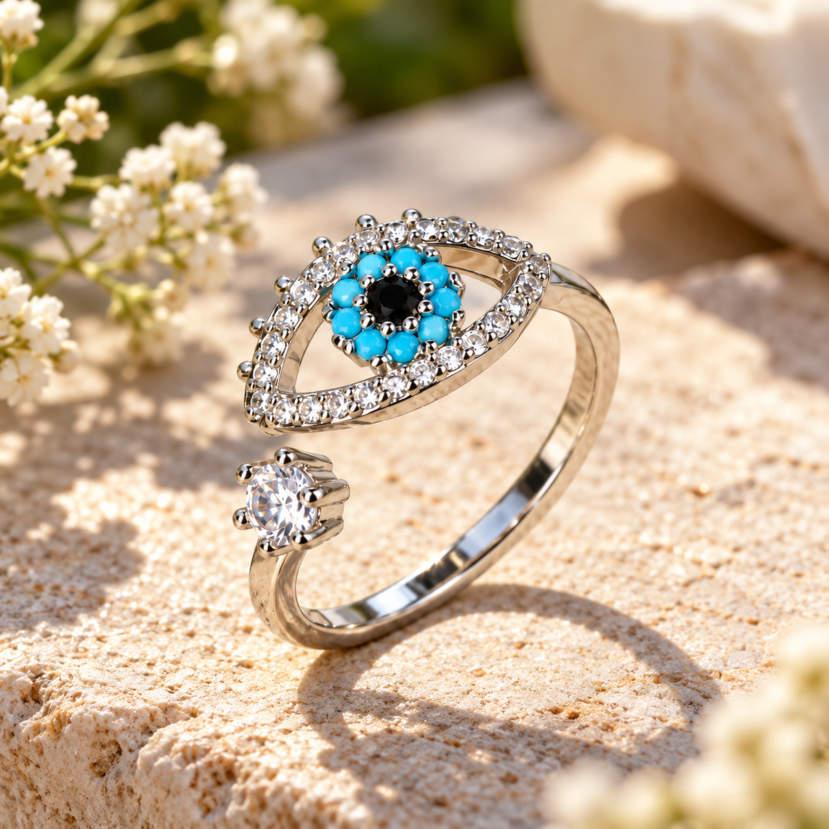 BELVYA Silver-Tone Turquoise Evil Eye Open Ring for Women