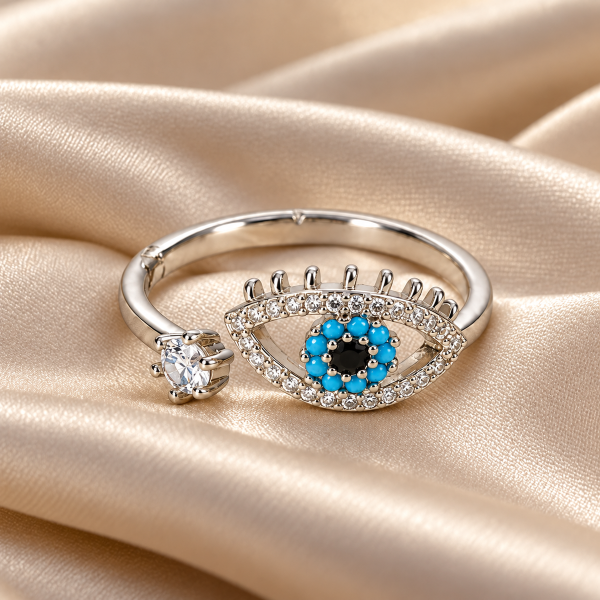 BELVYA Silver-Tone Turquoise Evil Eye Open Ring for Women