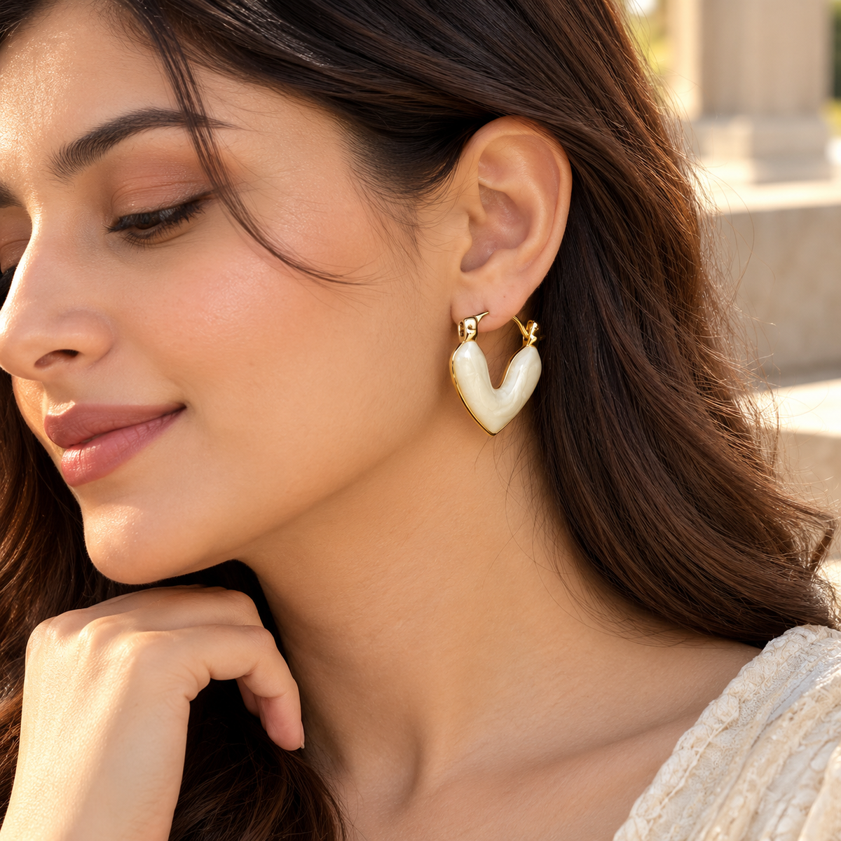 Ivory Pearl Heart Hoop Earrings for Women – Elegant Gold-Tone Statement Jewellery