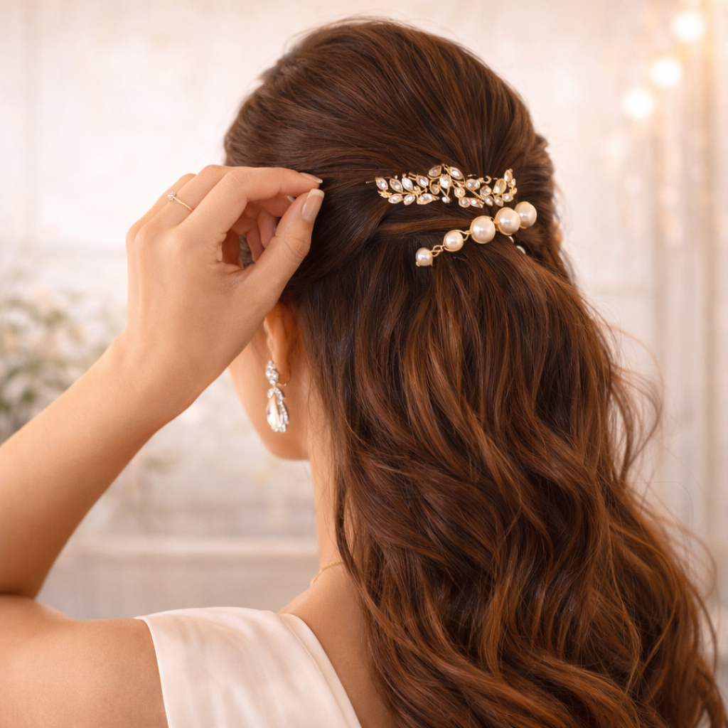 Elegant hair styling with golden accents